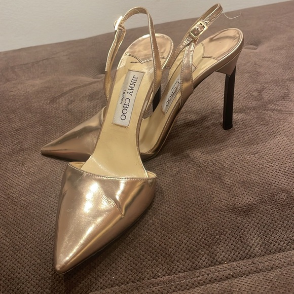 JIMMY CHOO Gold Champagne Pointed D’Orsay Sling Back Heels sz. 37.5 - Picture 1 of 8
